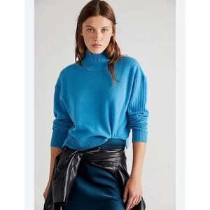 Free People Aubrey 100% Cashmere Crop Blue Mock Neck Cropped Turtleneck Sweater